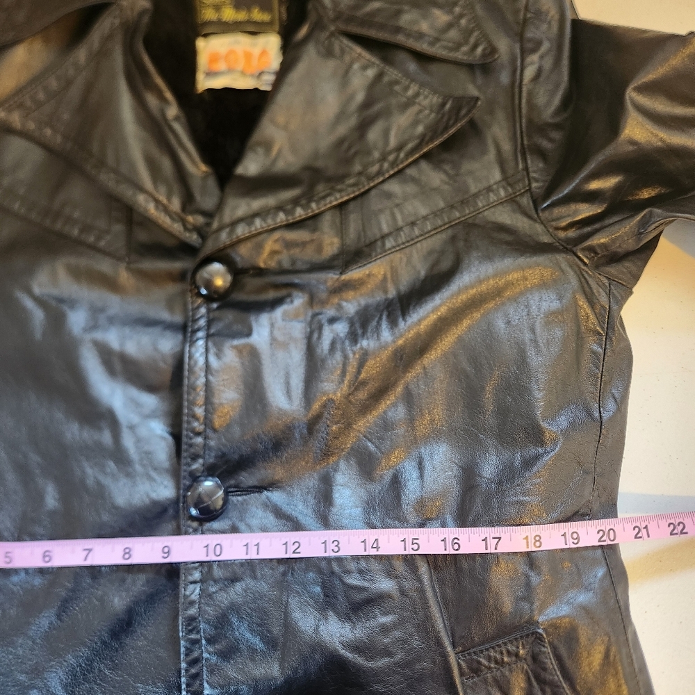 Vintage 1970s Long Black Leather Coat Jacket Mens size Medium Faux Fur Winter - Picture 15 of 16